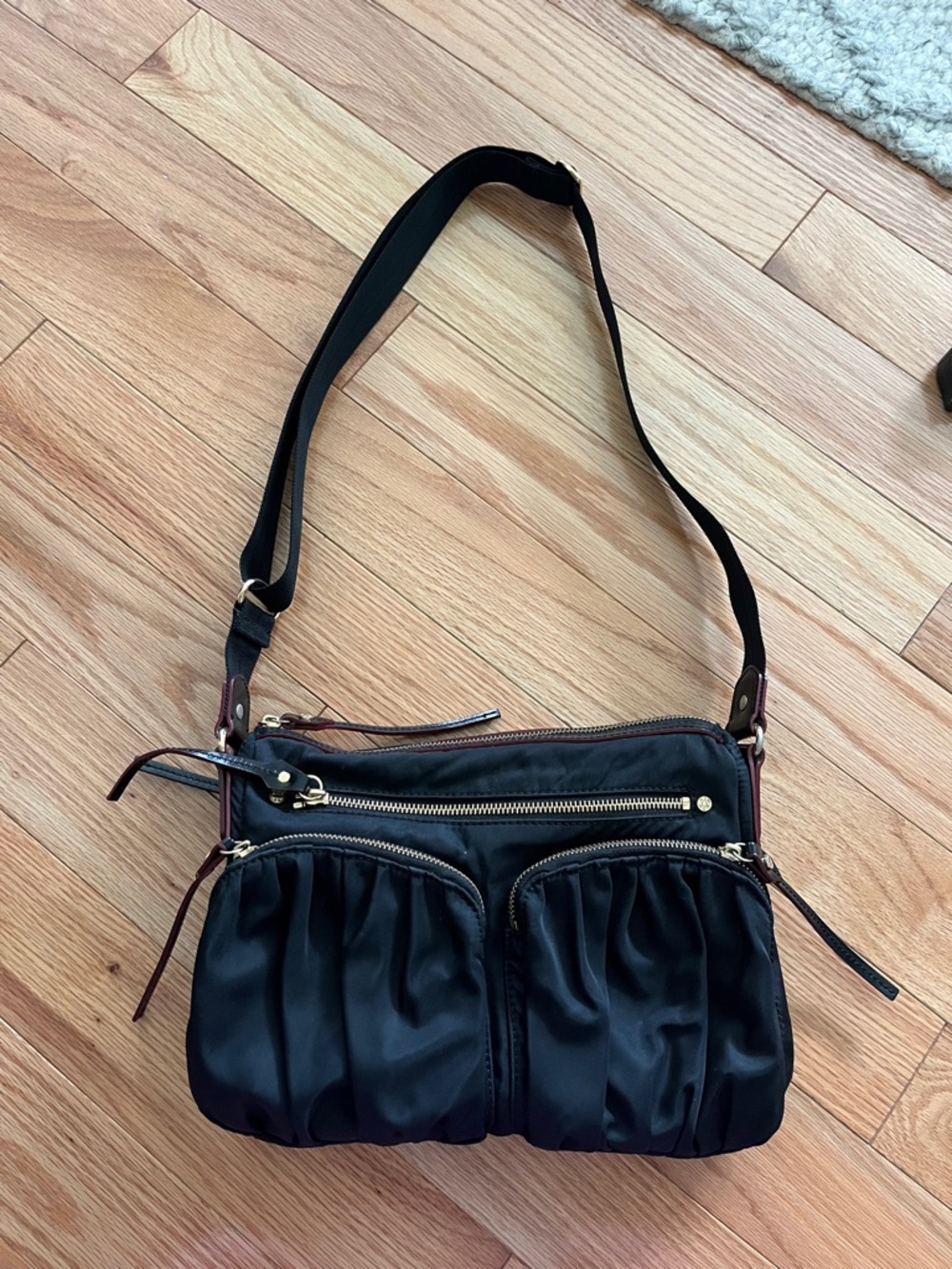 MZ Wallace Black Nylon Crossbody with Gold Hardware and Brown Trim